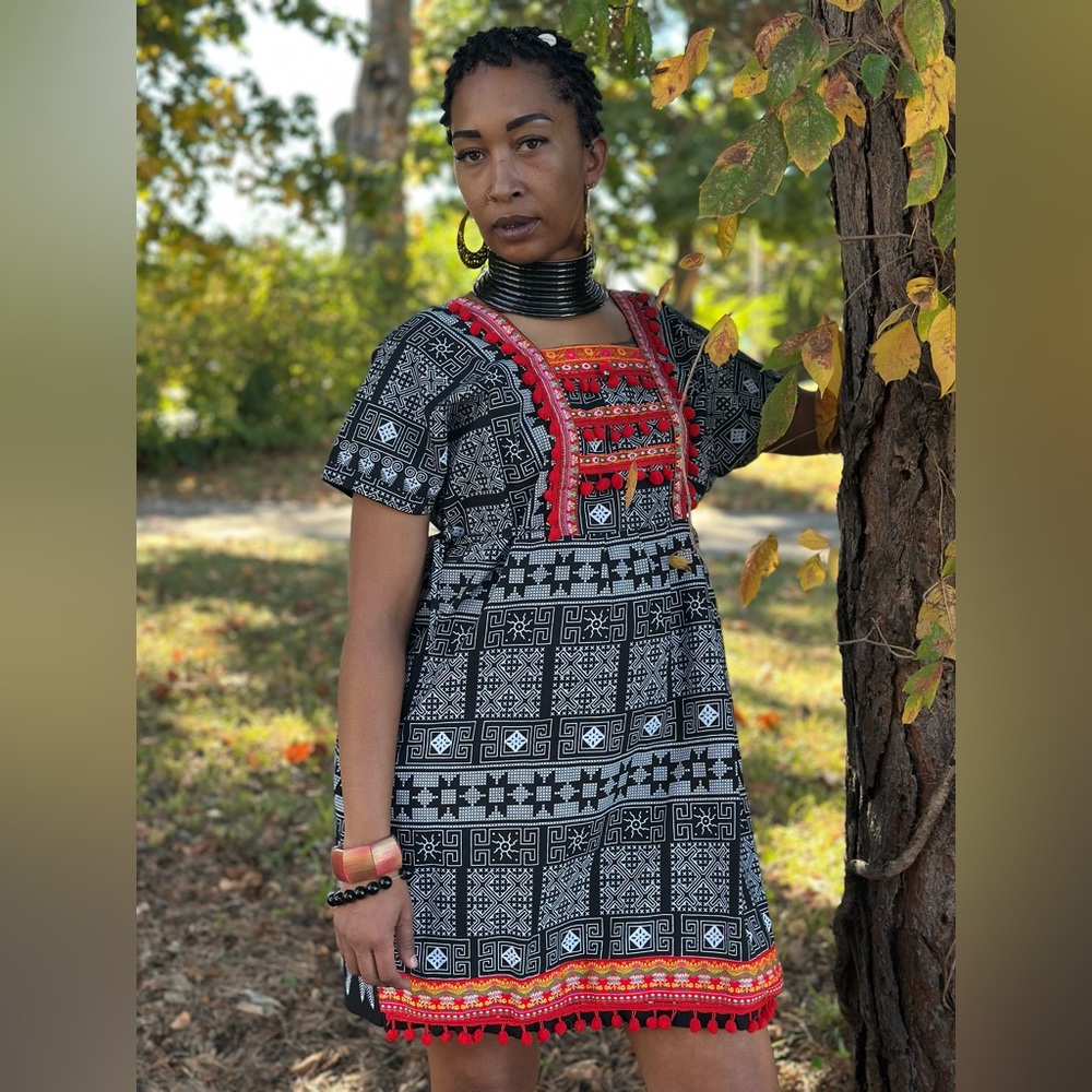 Thai Free Size Black and White Boho Festival Dress With Red Pom Poms